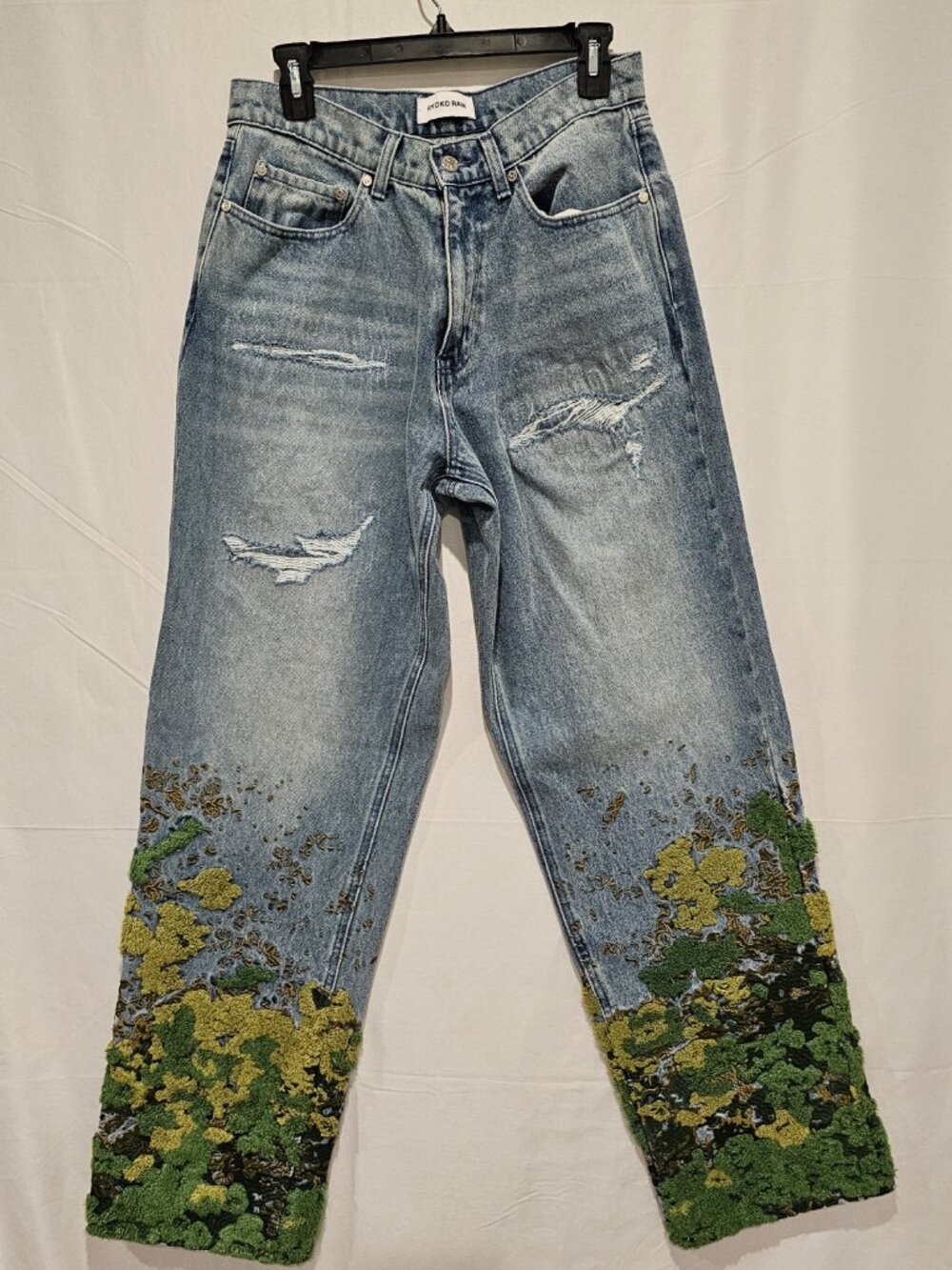 Ryoko Rain Distressed Jeans Men's 30 Blue Embroidered Earth Green Denim